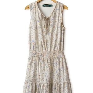 Ralph Lauren Floral Midi Dress Sleeveless Tie Neck Boho Cream Size 12